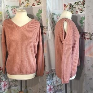 Cold Shoulder Knit V-Neck Sweater Pink